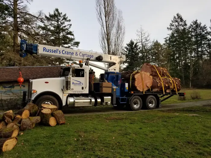 Crane truck hauling large logs