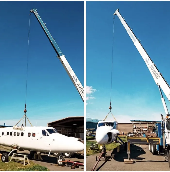 Crane lifting a small twin-engine plane, shown from two angles
